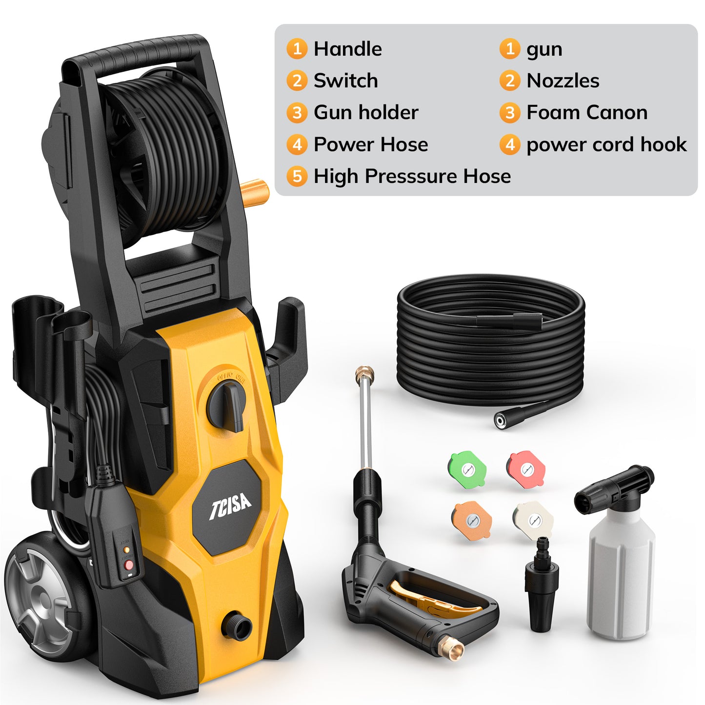 TCISA 3500 PSI Electric Pressure Washer , 20FT Power Cord 15FT Hose 5 Nozzles, Soap Cannon for Car, Garden, Yard, Hom